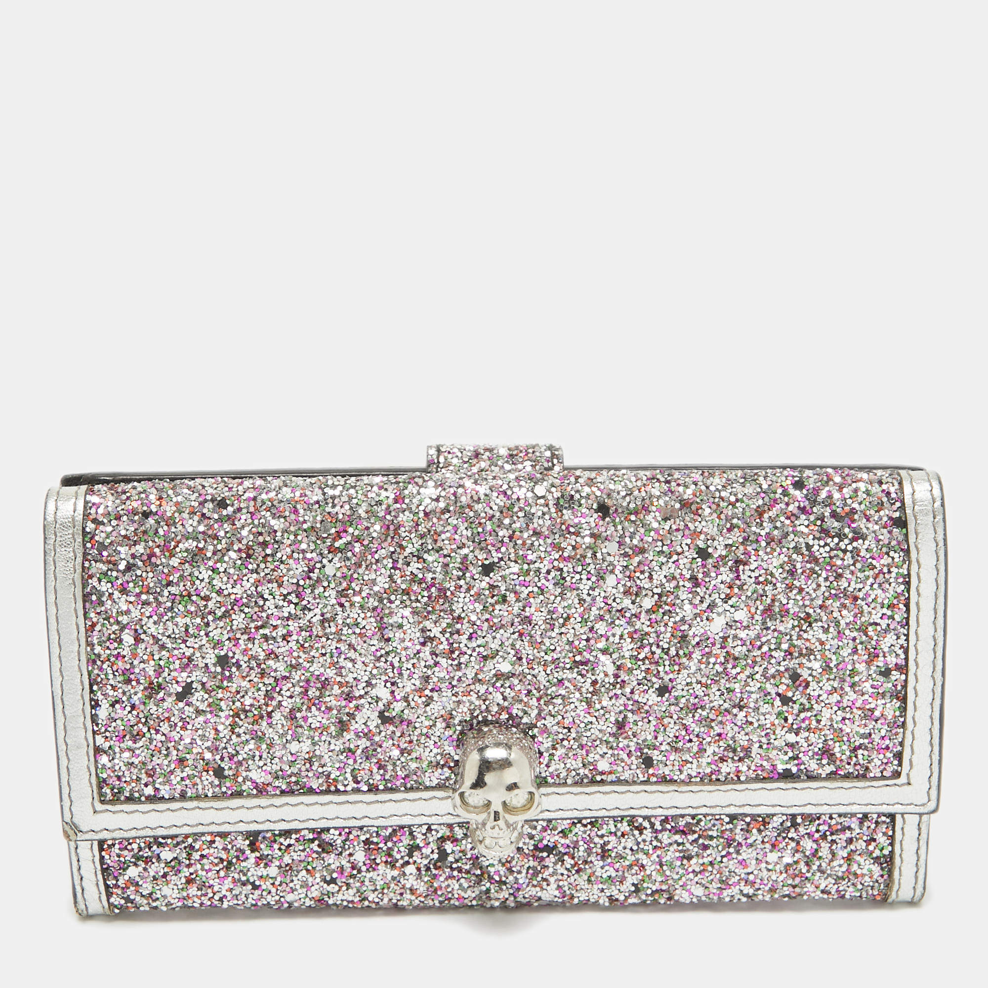 Alexander McQueen Silver Glitter and Leather Skull Continental Wallet