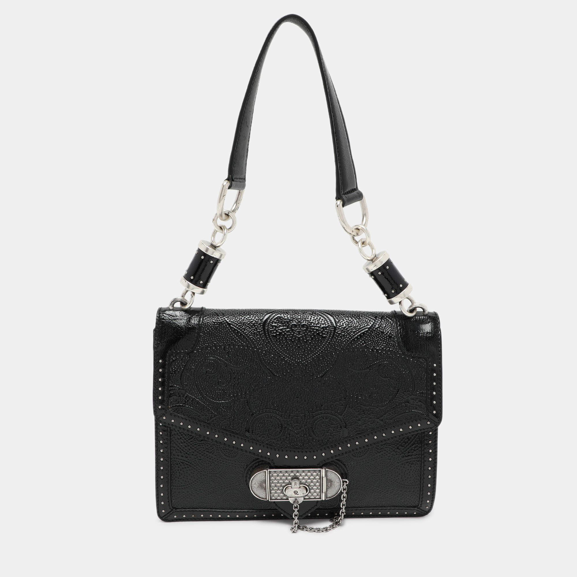 Alexander McQueen Black Embossed Patent Leather Top Handle Bag