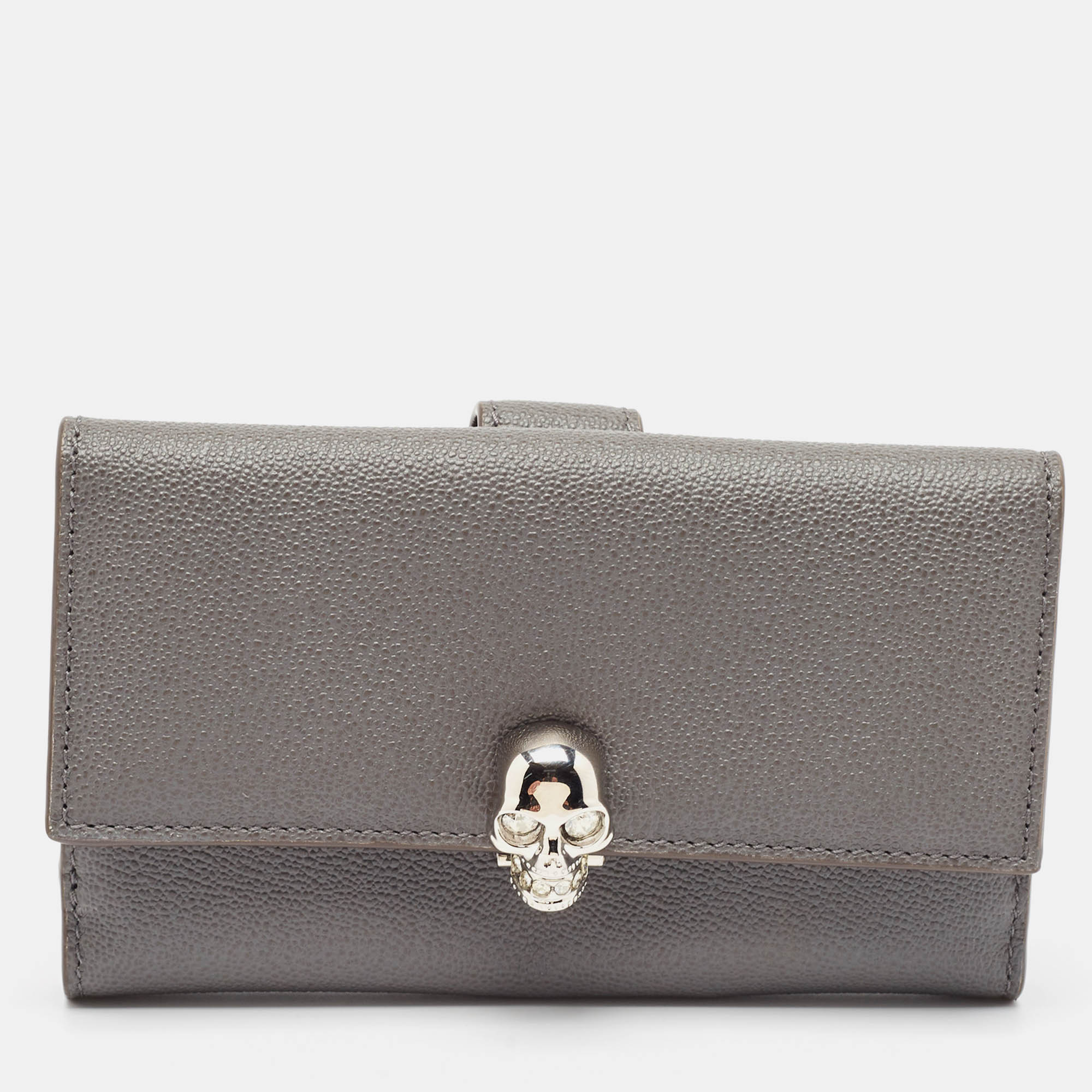 Alexander McQueen Grey Leather Skull Crystals French Wallet