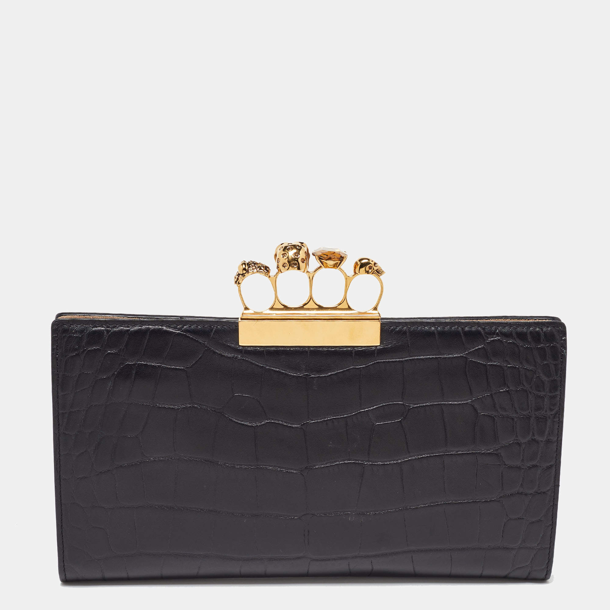 Pre Owned Alexander McQueen Black Croc Embossed Leather Skull Knuckle Clutch