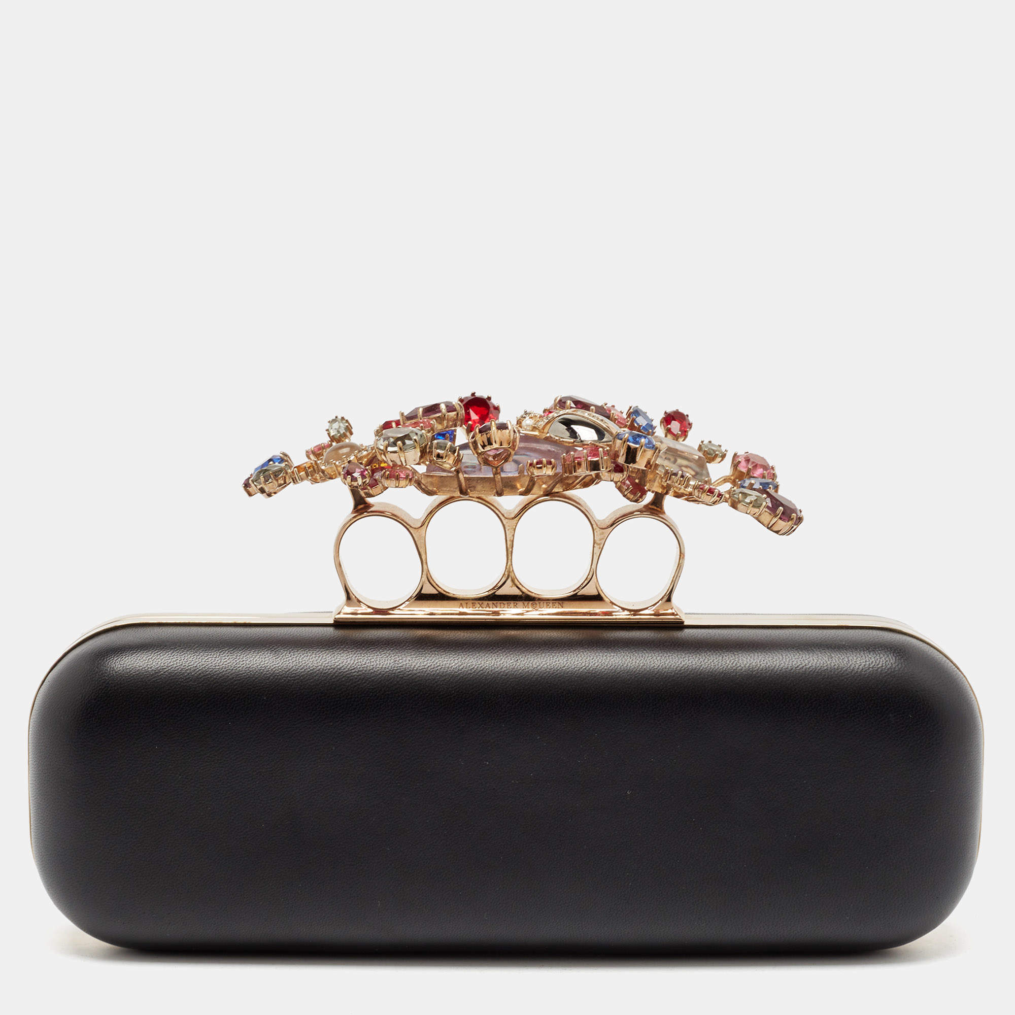Pre Owned Alexander McQueen Black Leather Crystals Embellished Knuckle Box Clutch