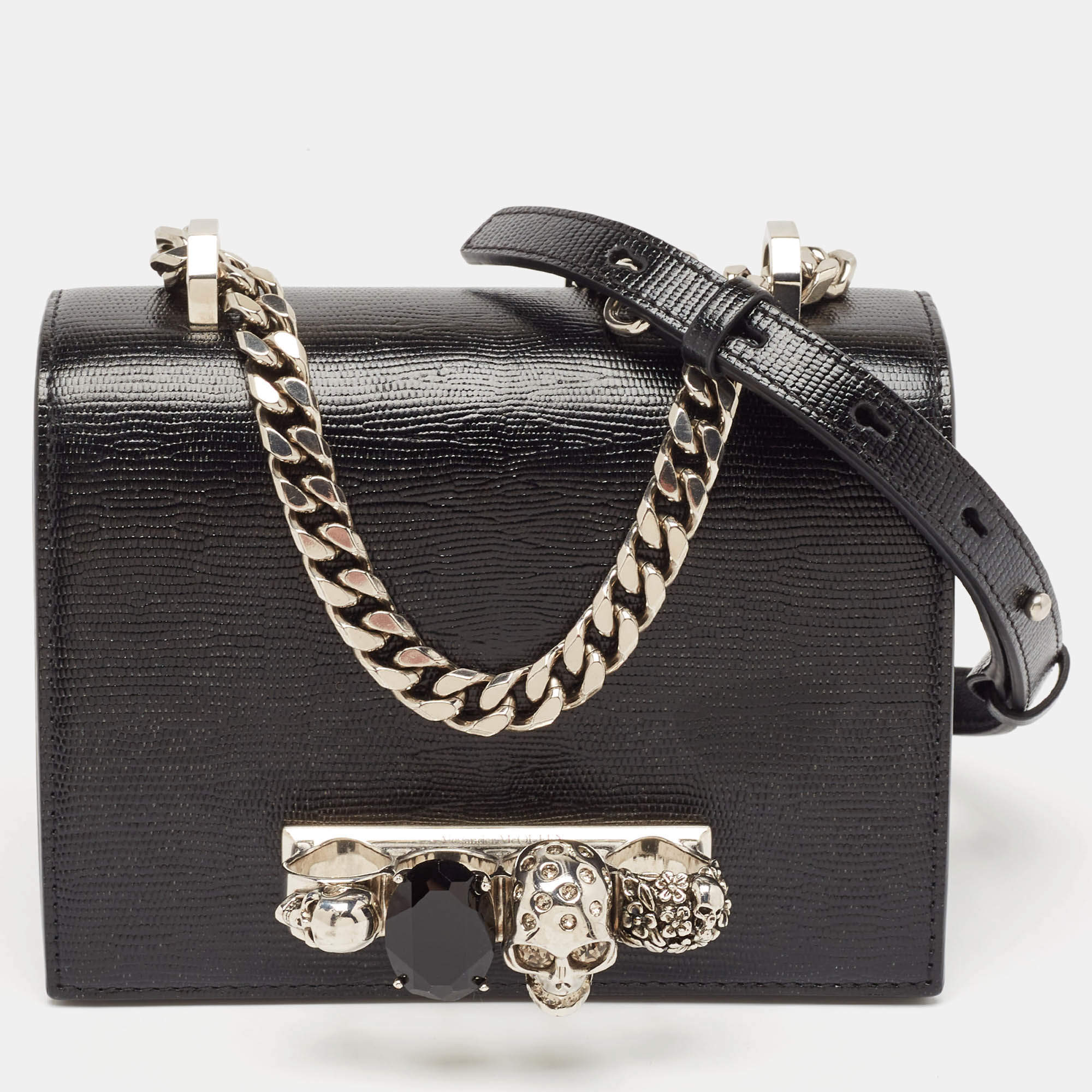 Alexander McQueen Black Lizard Embossed Leather Knuckle Flap Shoulder Bag