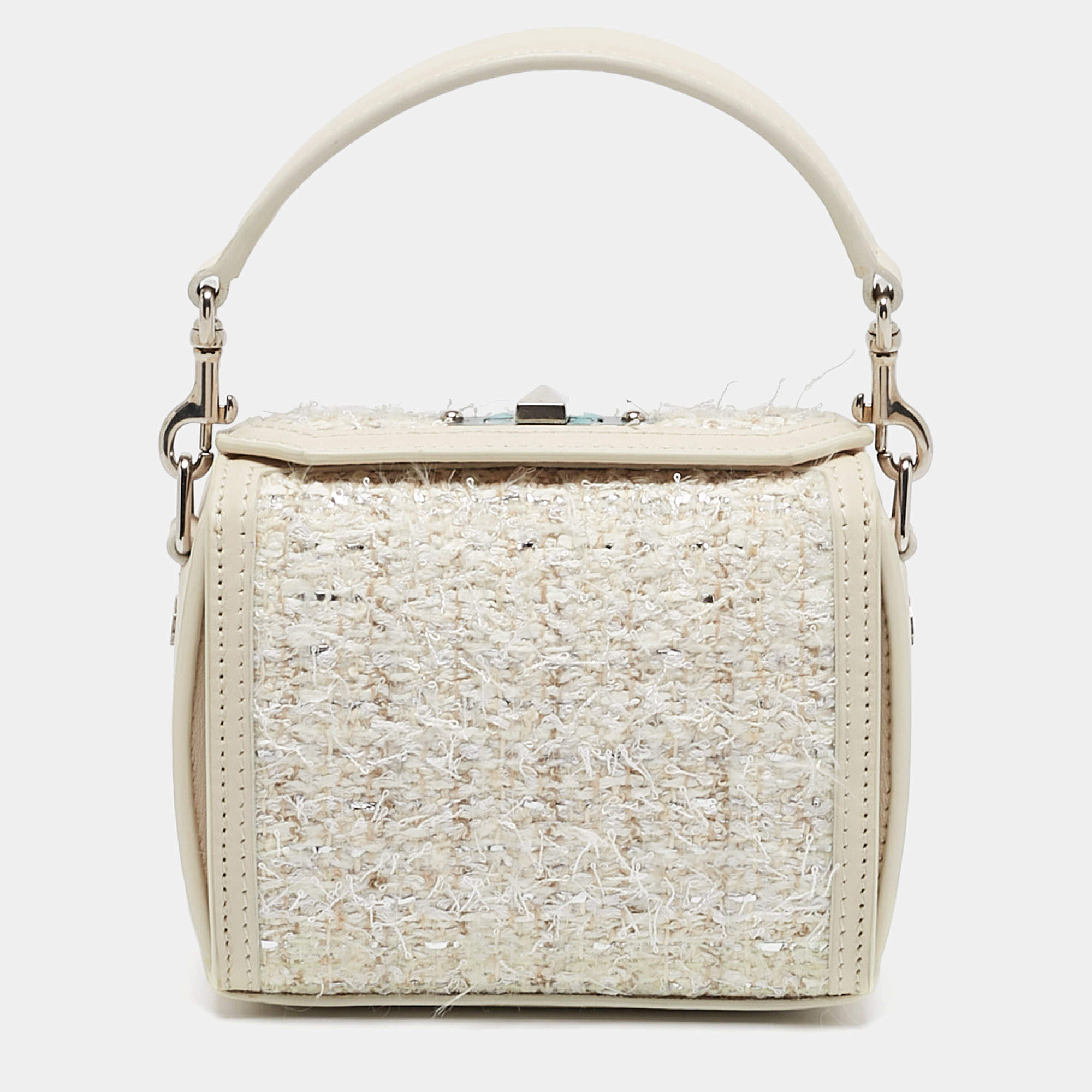 Alexander McQueen White Leather and Tweed Box 19 Shoulder Bag