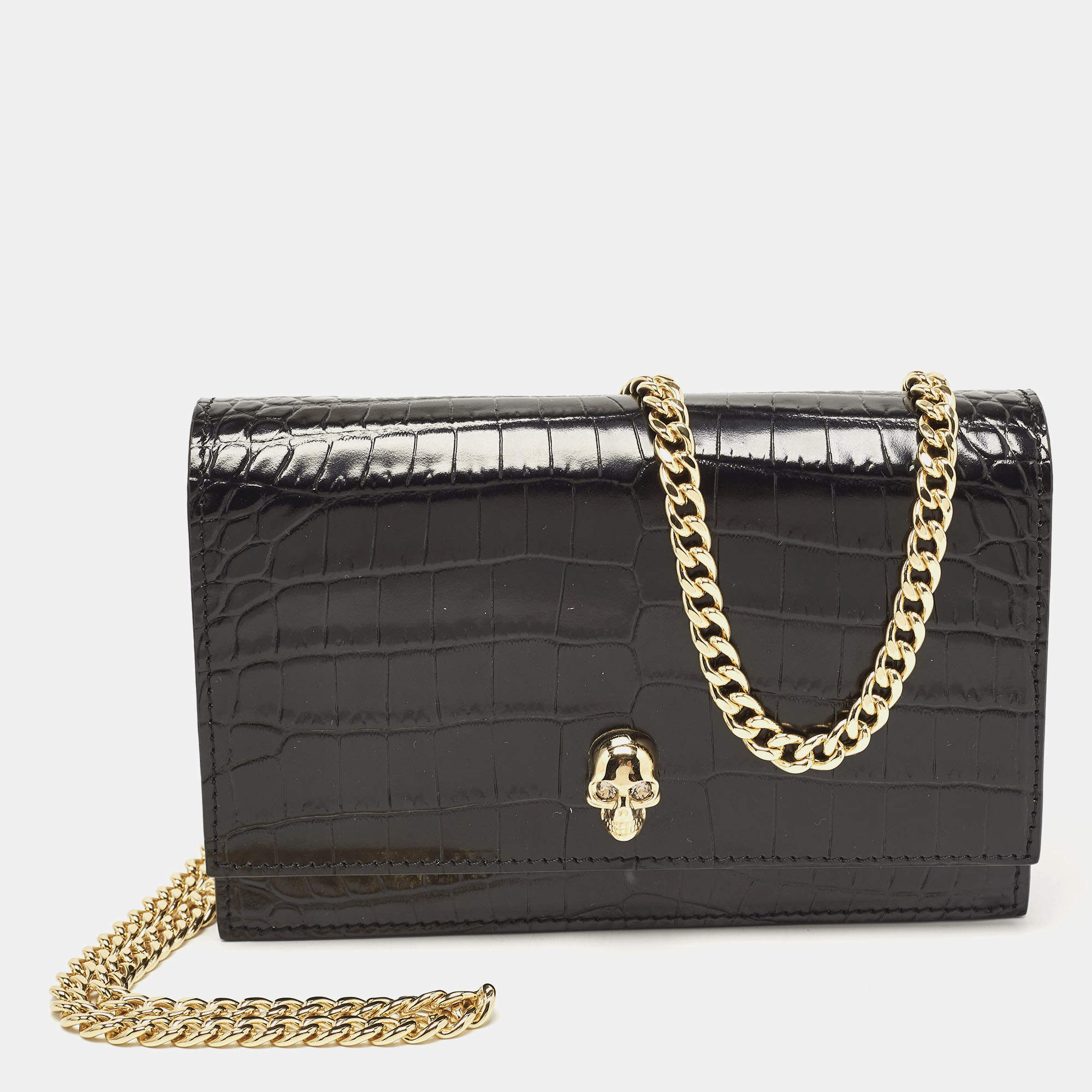 Alexander McQueen Black Croc Embossed Leather Small Skull Shoulder Bag
