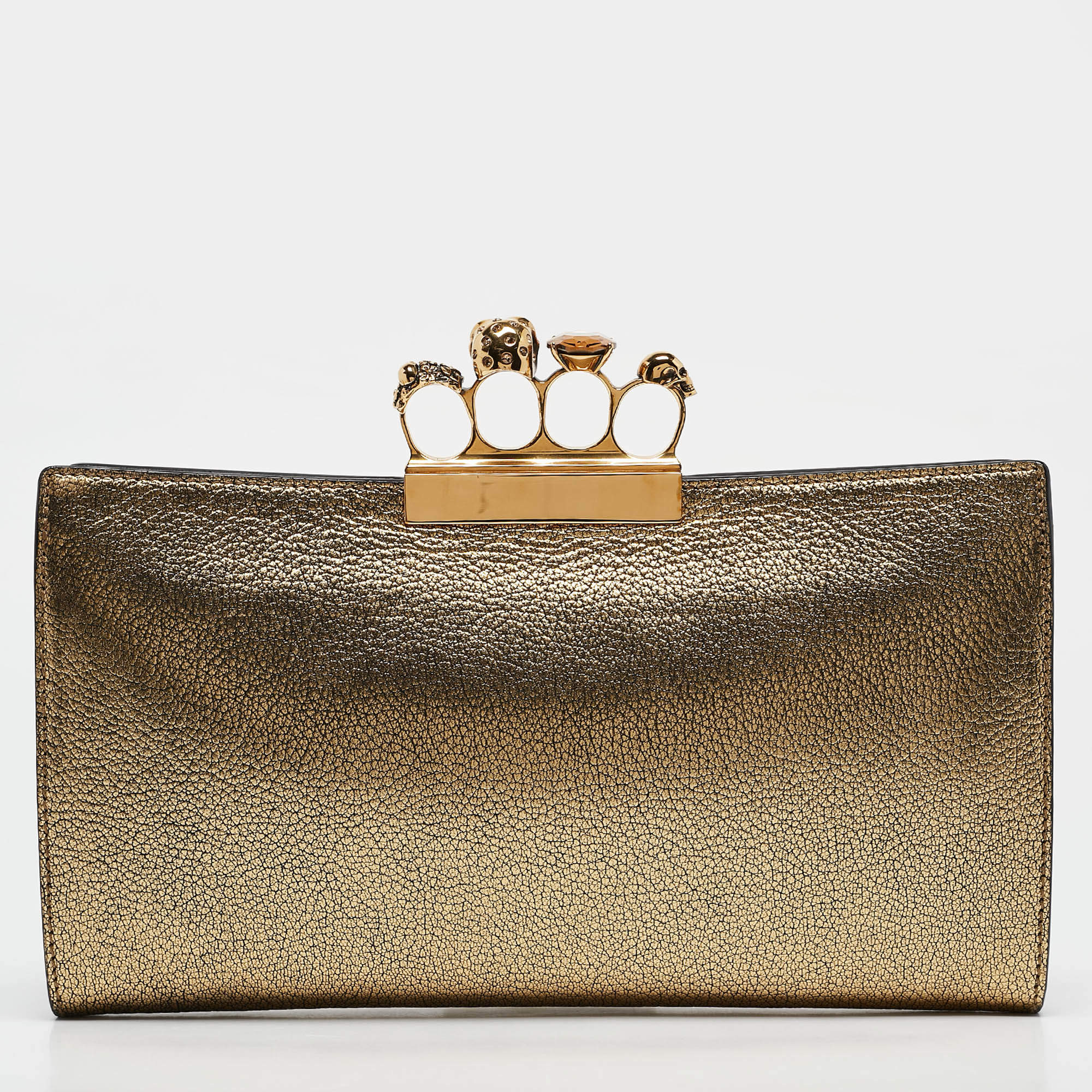 Pre Owned Alexander McQueen Gold Leather Crystal Skull Knuckle Clutch