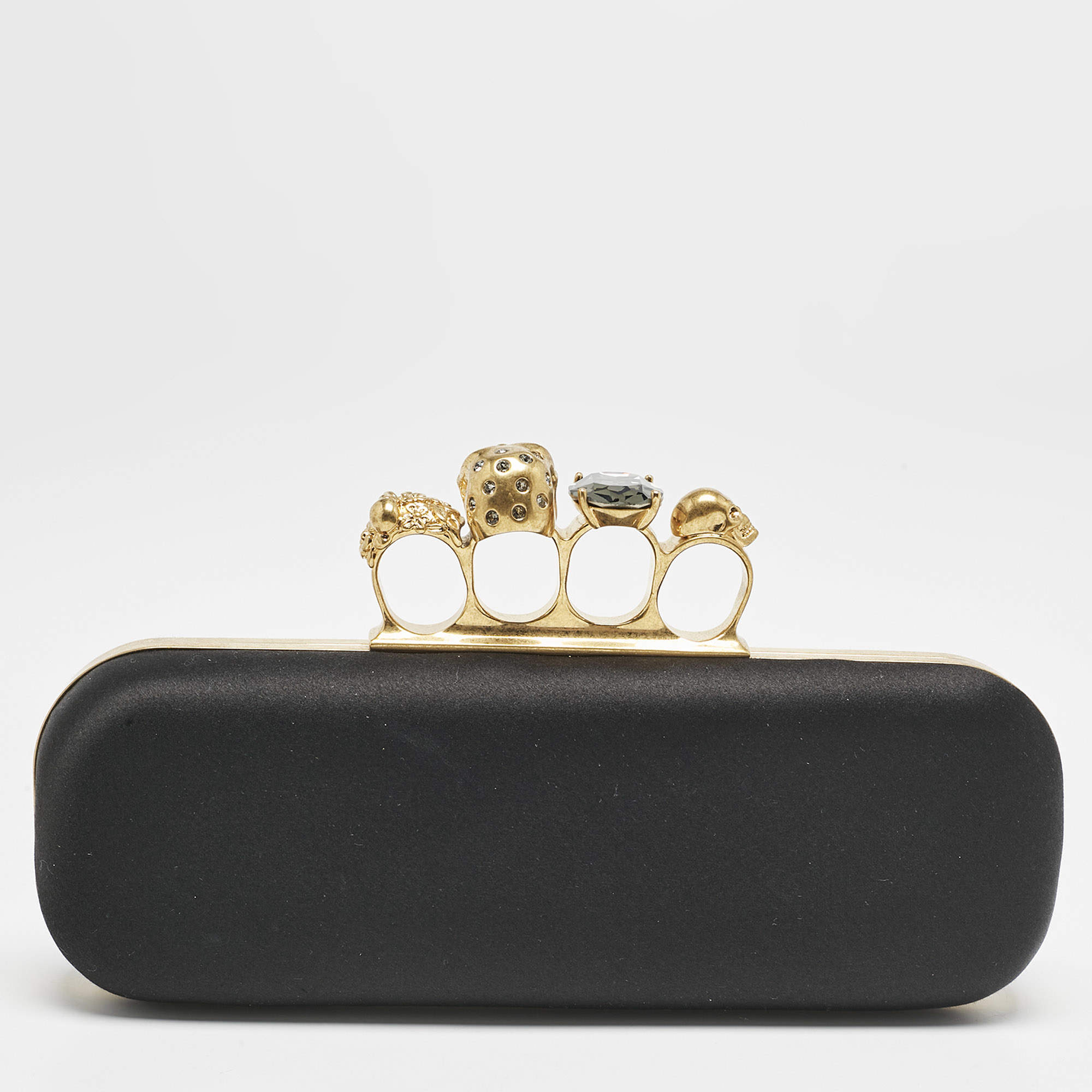 Pre Owned Alexander McQueen Black Satin Skull Knuckle Box Clutch
