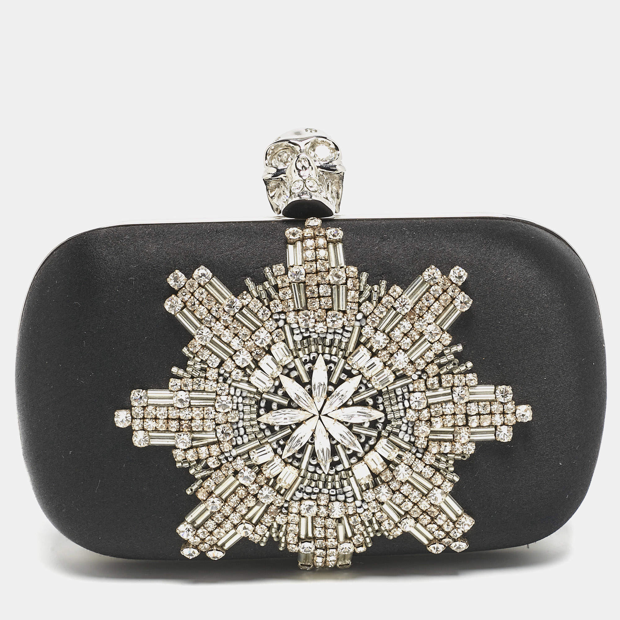Alexander McQueen Black Satin Crystals Embellished Skull Clutch