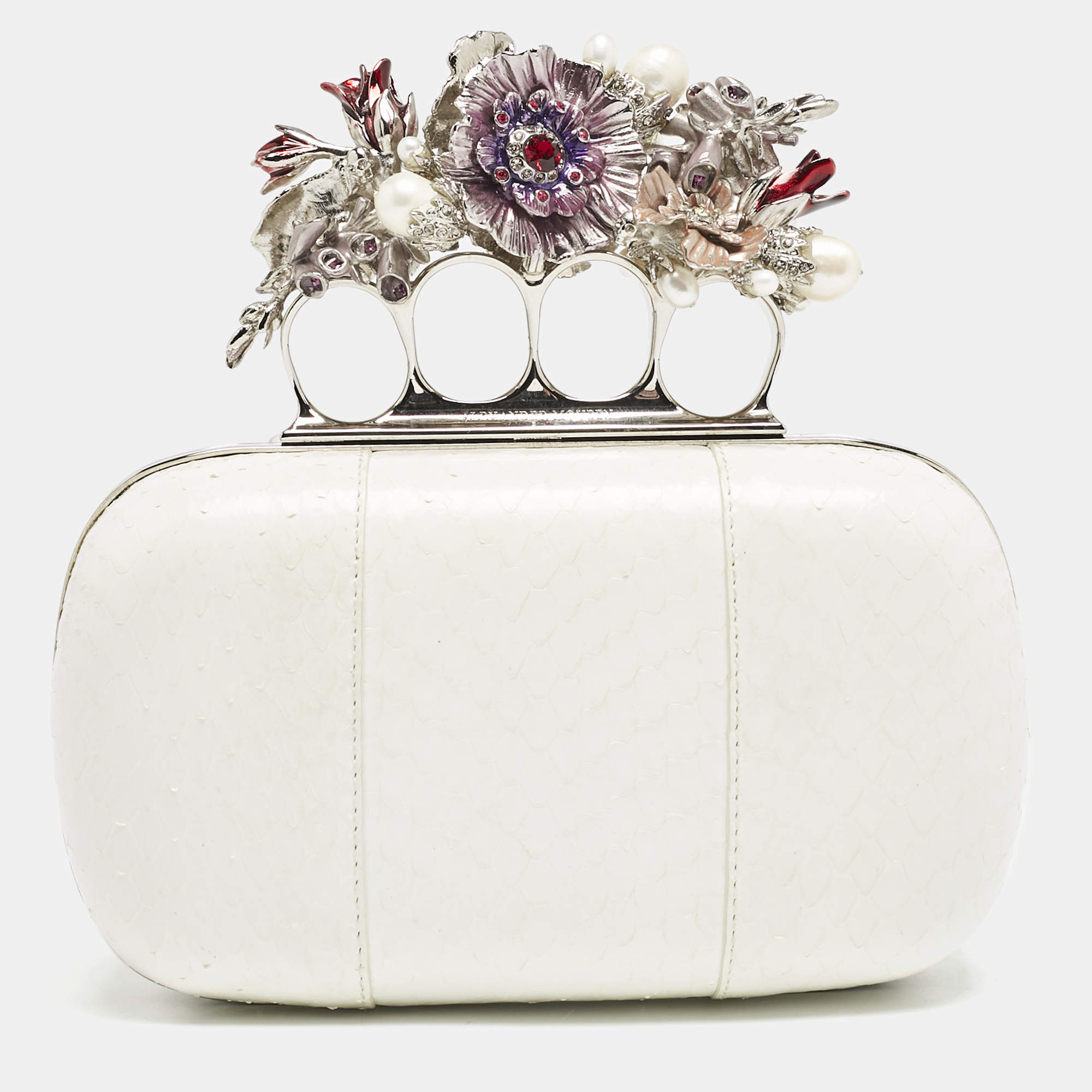 Alexander McQueen White Snakeskin Floral Embellished Knuckle Clutch