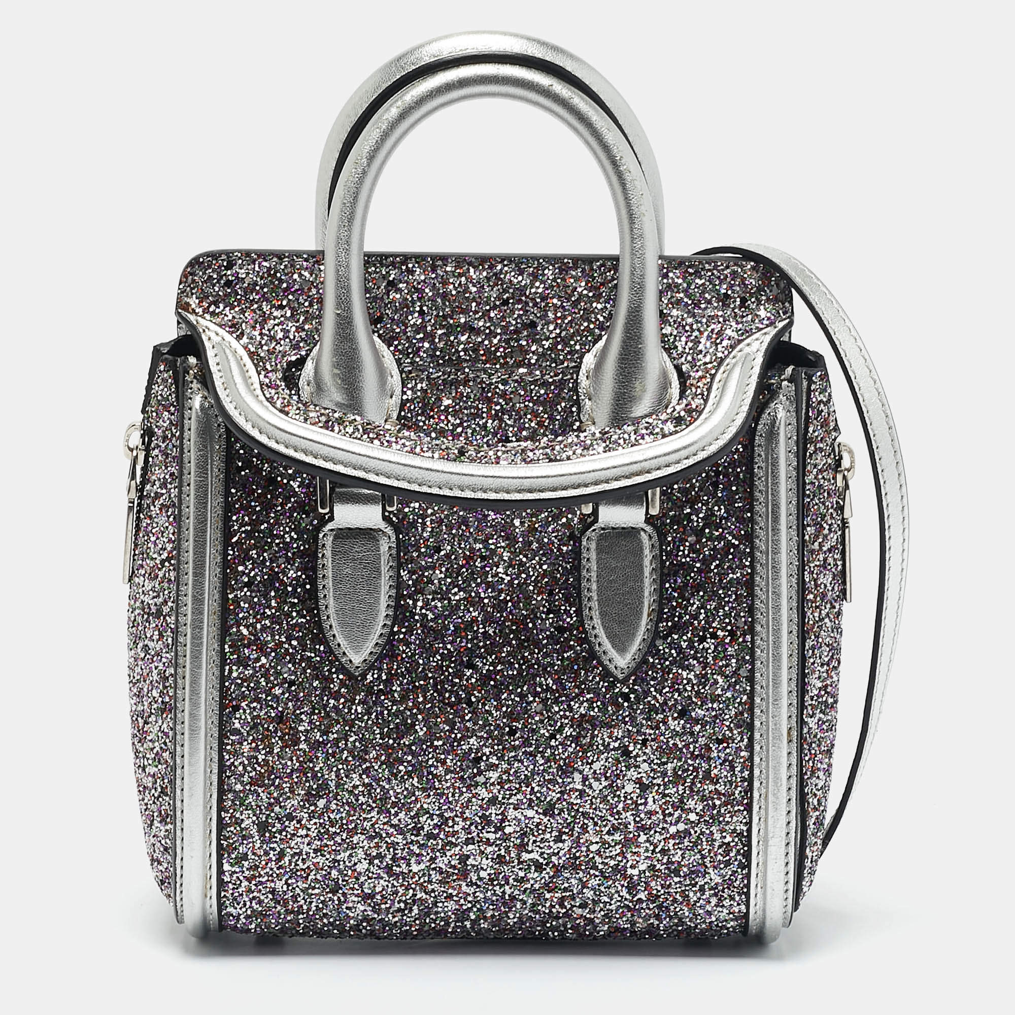 Pre Owned Alexander McQueen Grey Glitter and Leather Mini Heroine Shoulder Bag