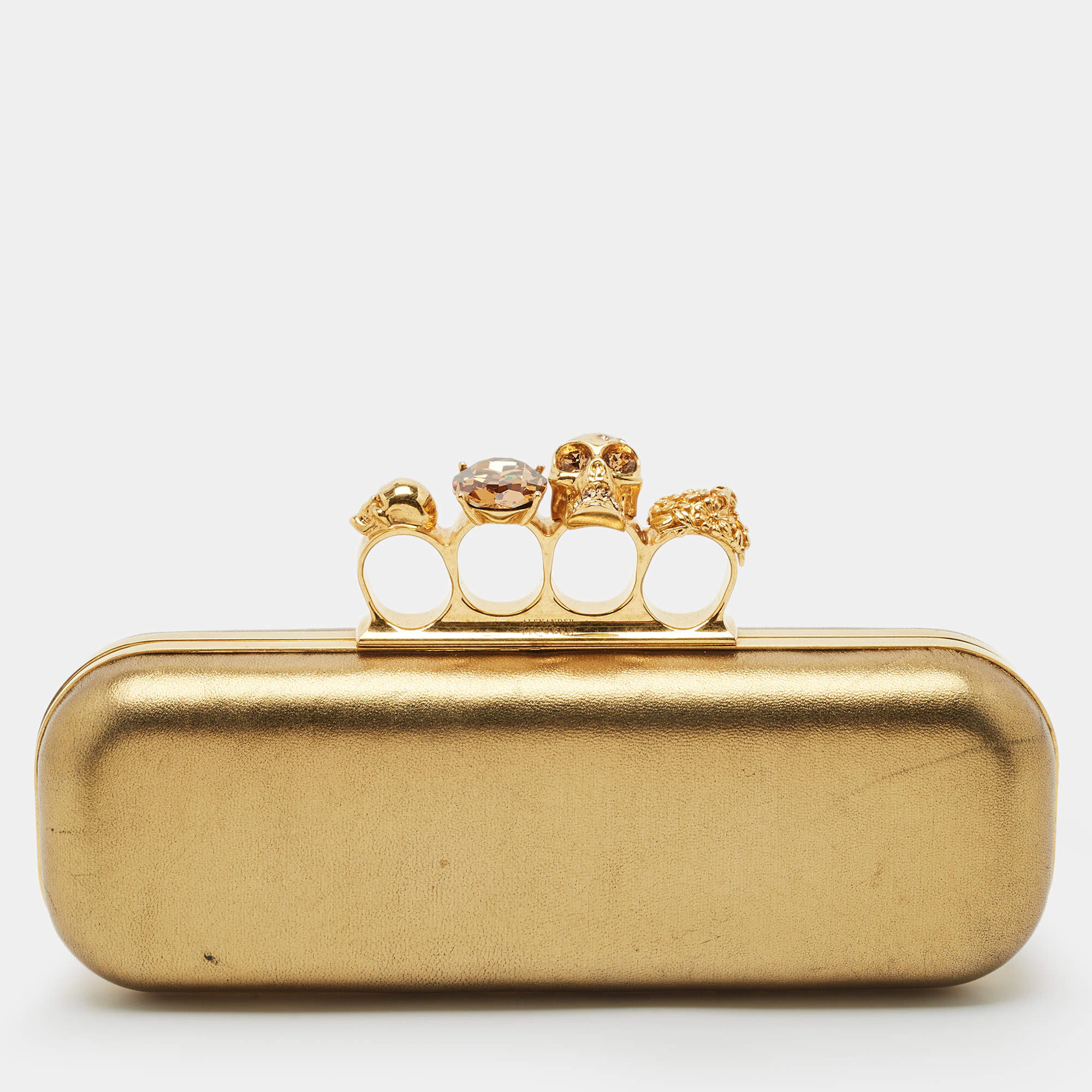 Alexander McQueen Gold Leather Skull Crystals Knuckle Box Clutch