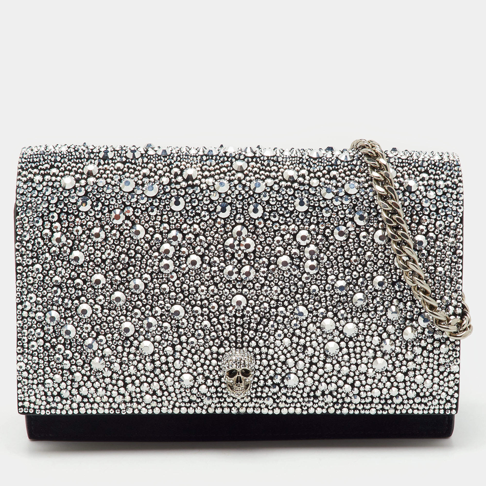 Alexander McQueen Black Suede Crystal Embellished Skull Flap Chain Clutch