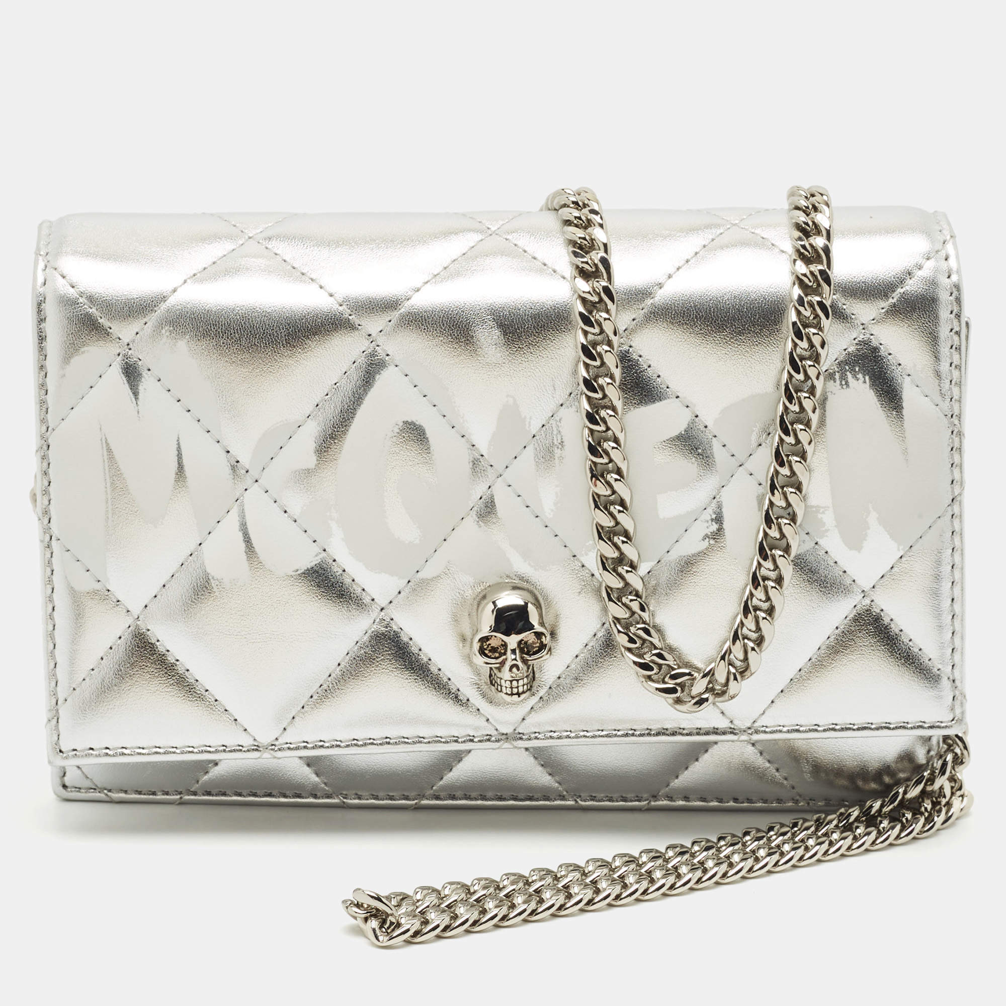 Alexander McQueen Silver Quilted Leather Small Skull Chain Bag 