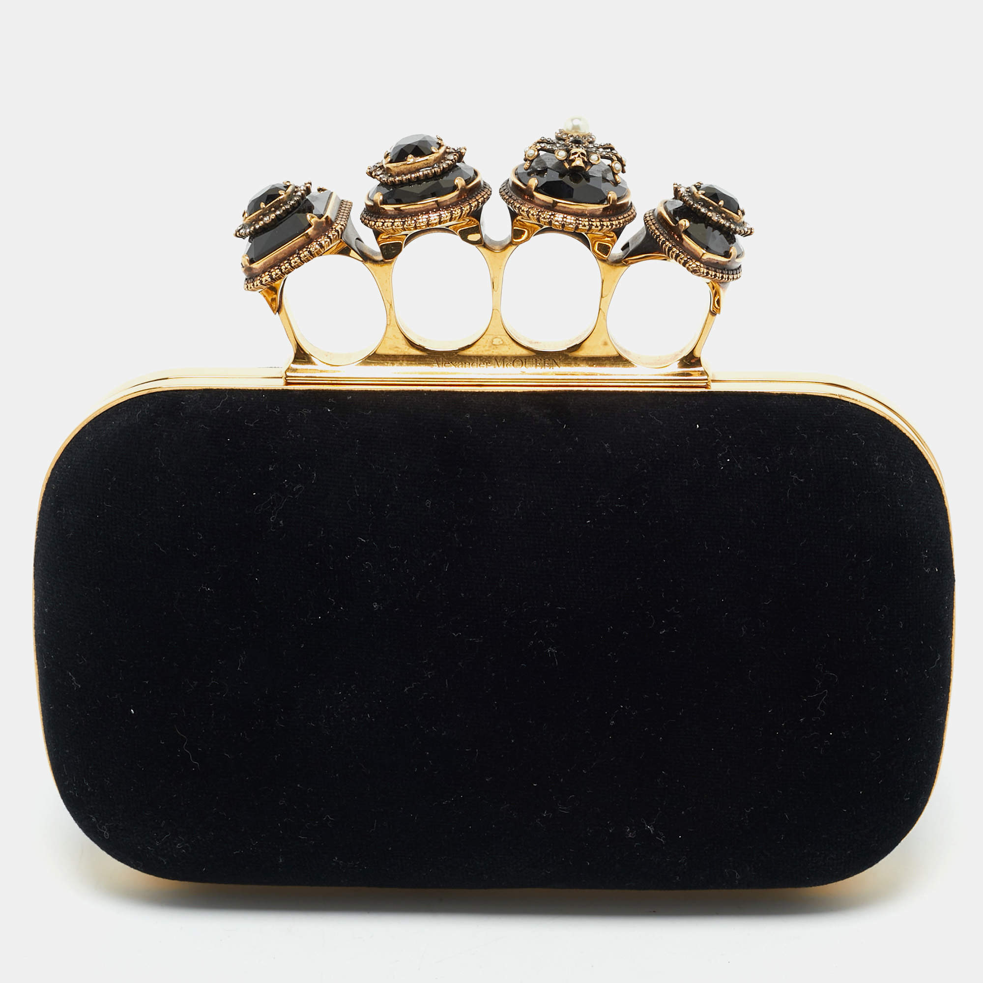 Alexander McQueen Black Velvet Four Ring Embellished Box Clutch