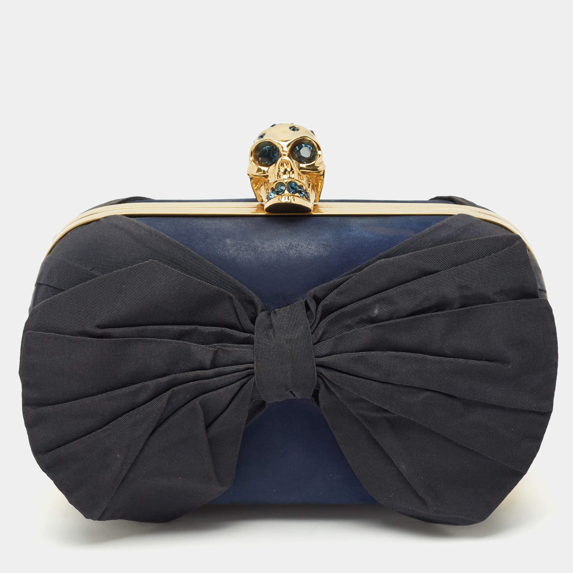 Alexander McQueen Navy Blue Leather Bow Skull Box Clutch