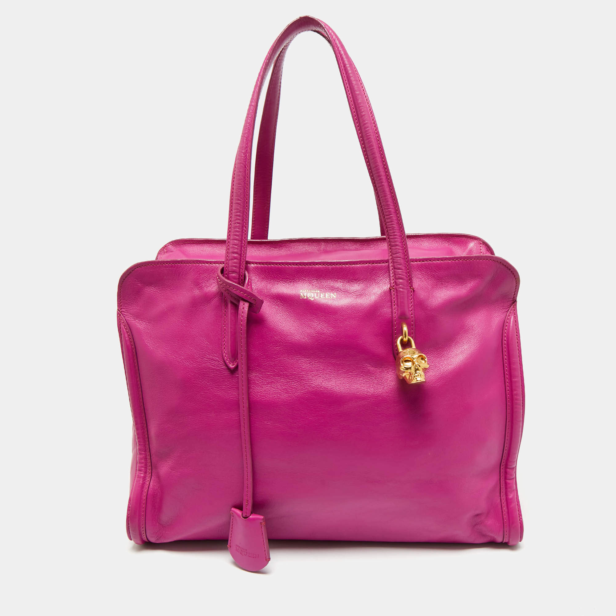 Pre Owned Alexander McQueen Magenta Leather Medium Skull Padlock Zip Bag