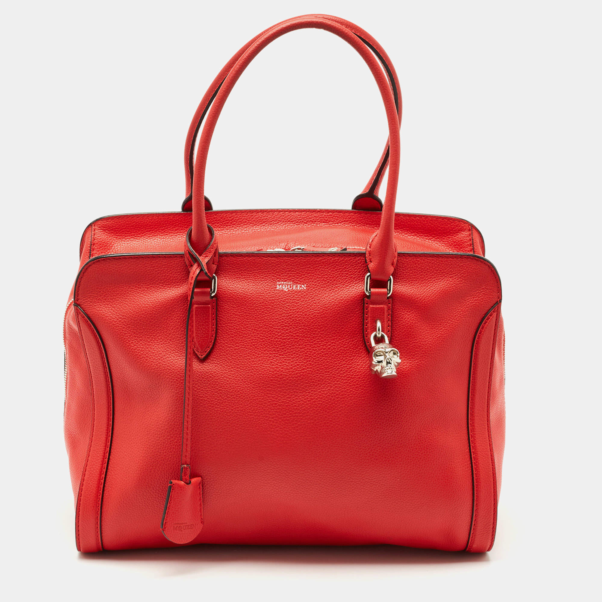 Pre Owned Alexander McQueen Red Leather Padlock Zip Satchel