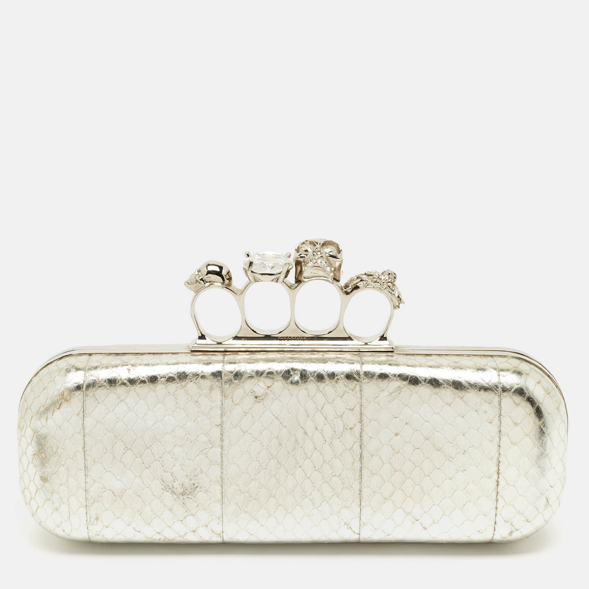 Pre Owned Alexander McQueen Silver Snakeskin Skull Crystals Knuckle Box Clutch