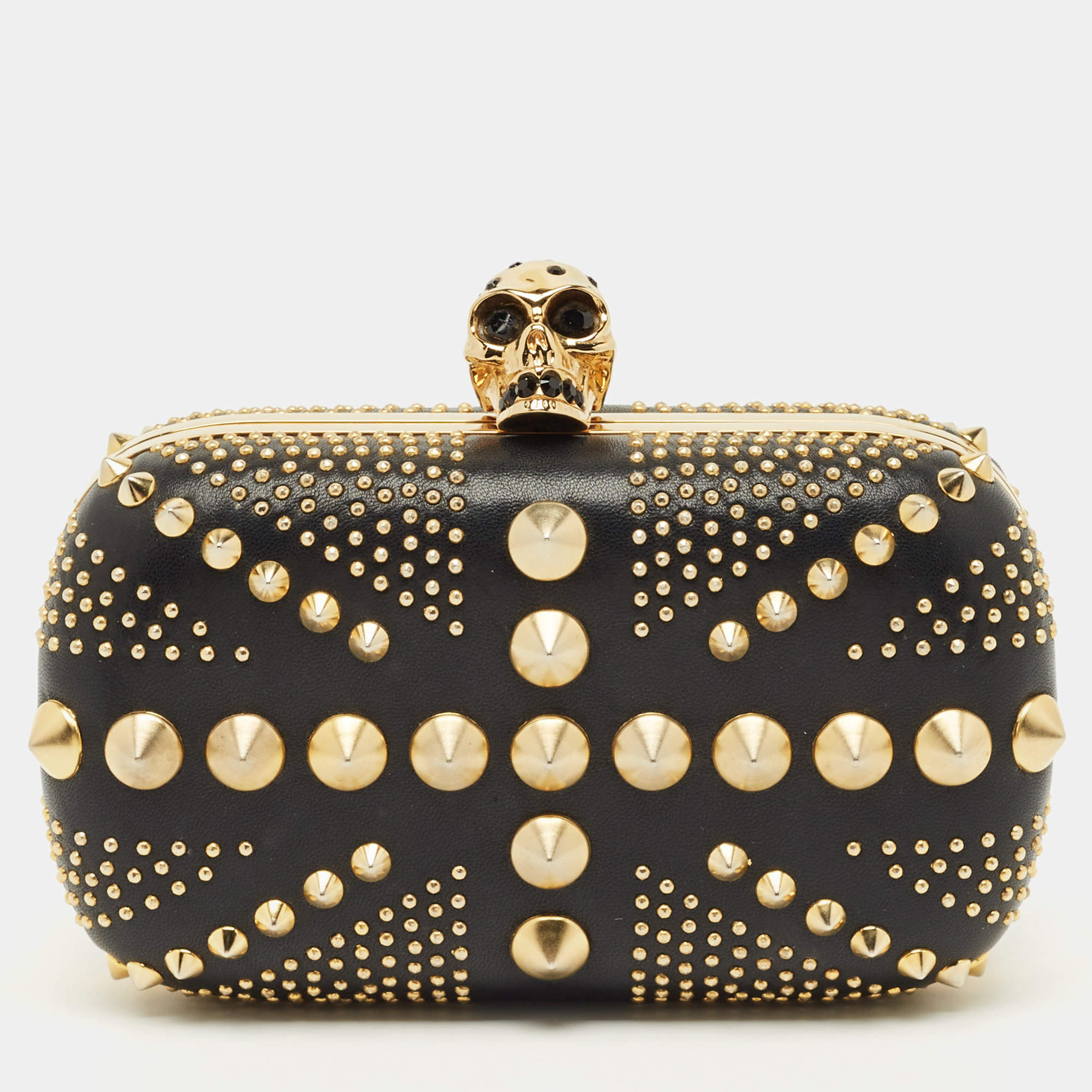 Pre Owned Alexander McQueen Black Leather Studded Brittania Skull Box Clutch