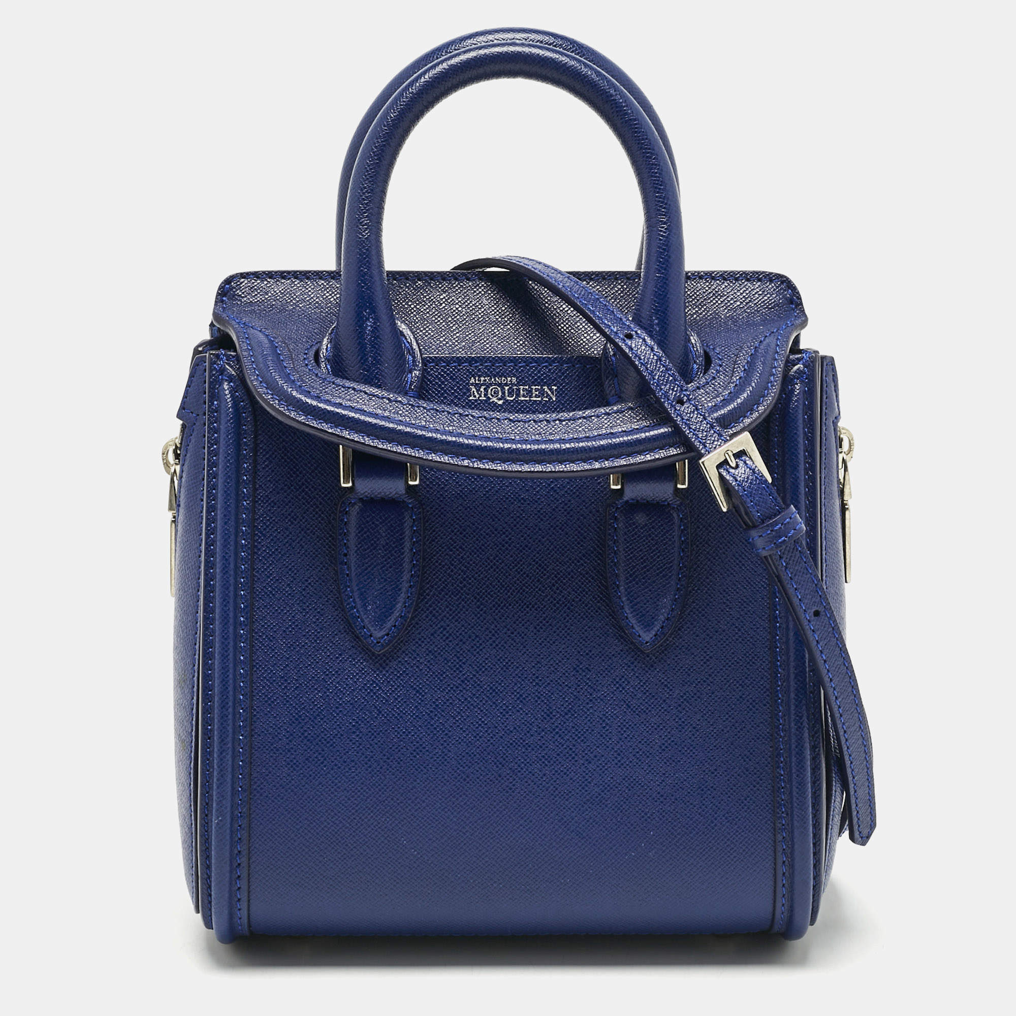 Pre Owned Alexander McQueen Navy Blue Leather Mini Heroine Tote