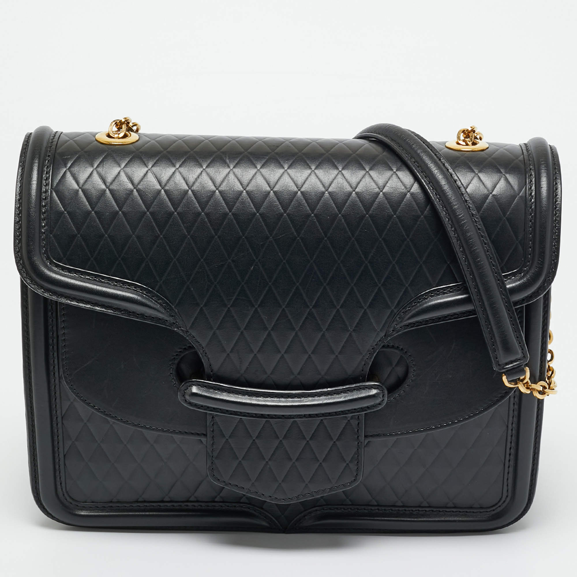 Pre Owned Alexander McQueen Black Diamond Embossed Leather Heroine Chain Shoulder Bag