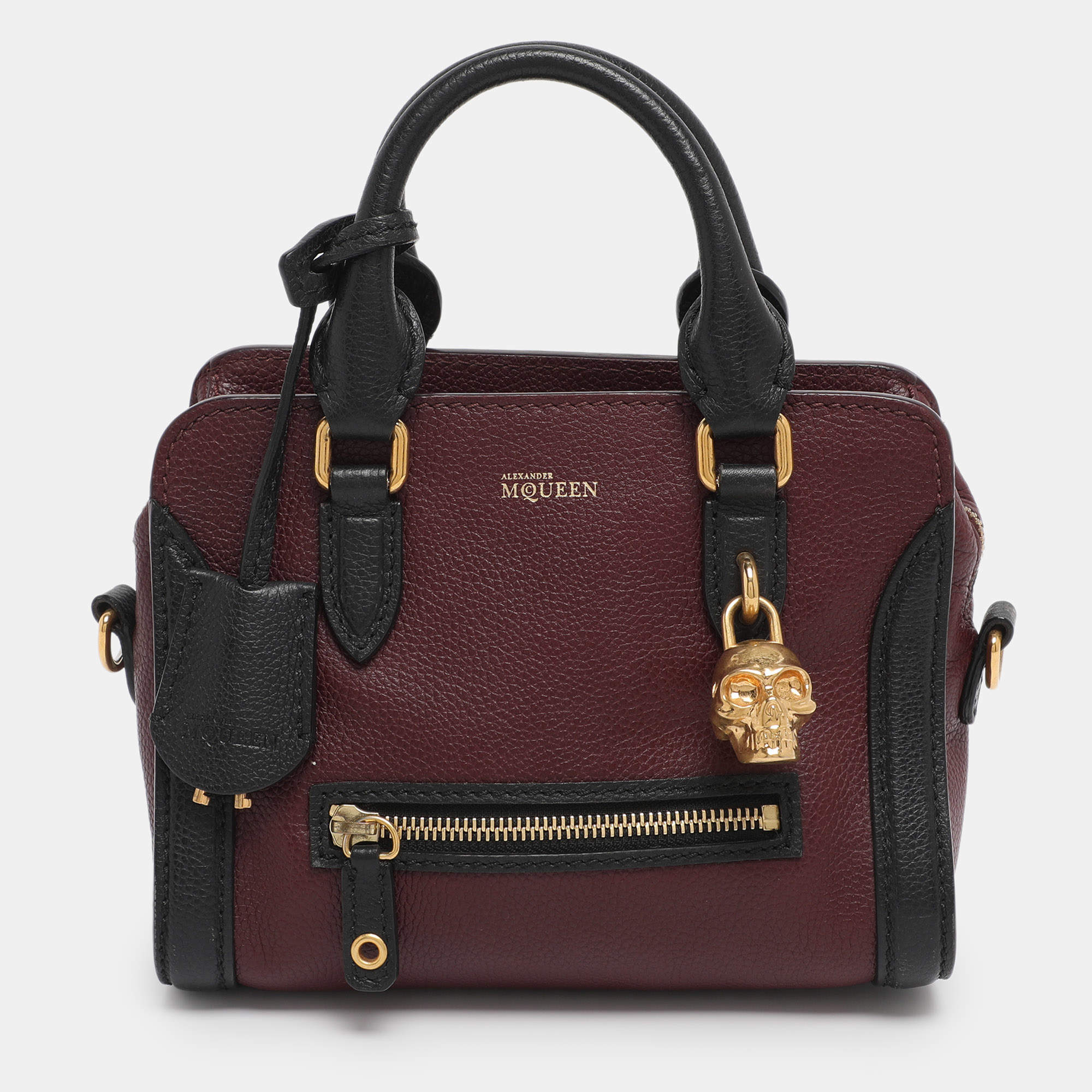 Pre Owned Alexander McQueen Burgundy/Black Pebbled Leather Mini Skull Padlock Zip Tote