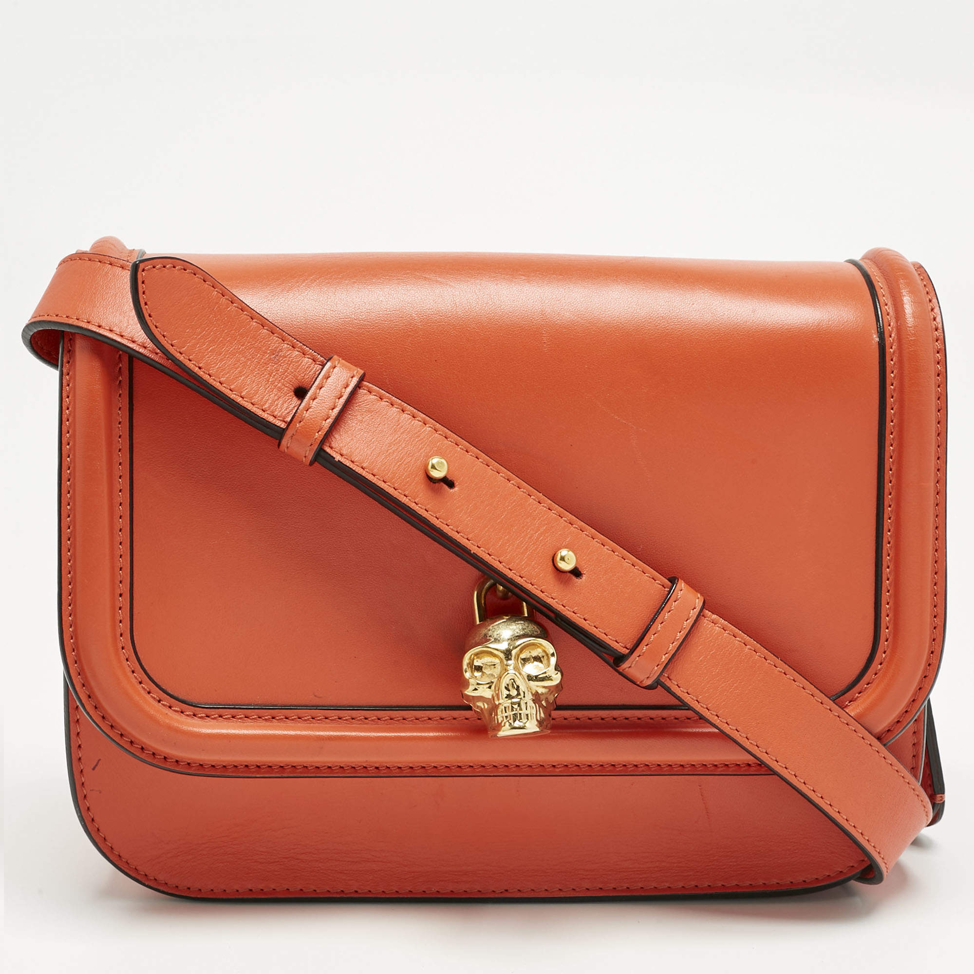 Pre Owned Alexander McQueen Orange Leather Skull Padlock Shoulder Bag
