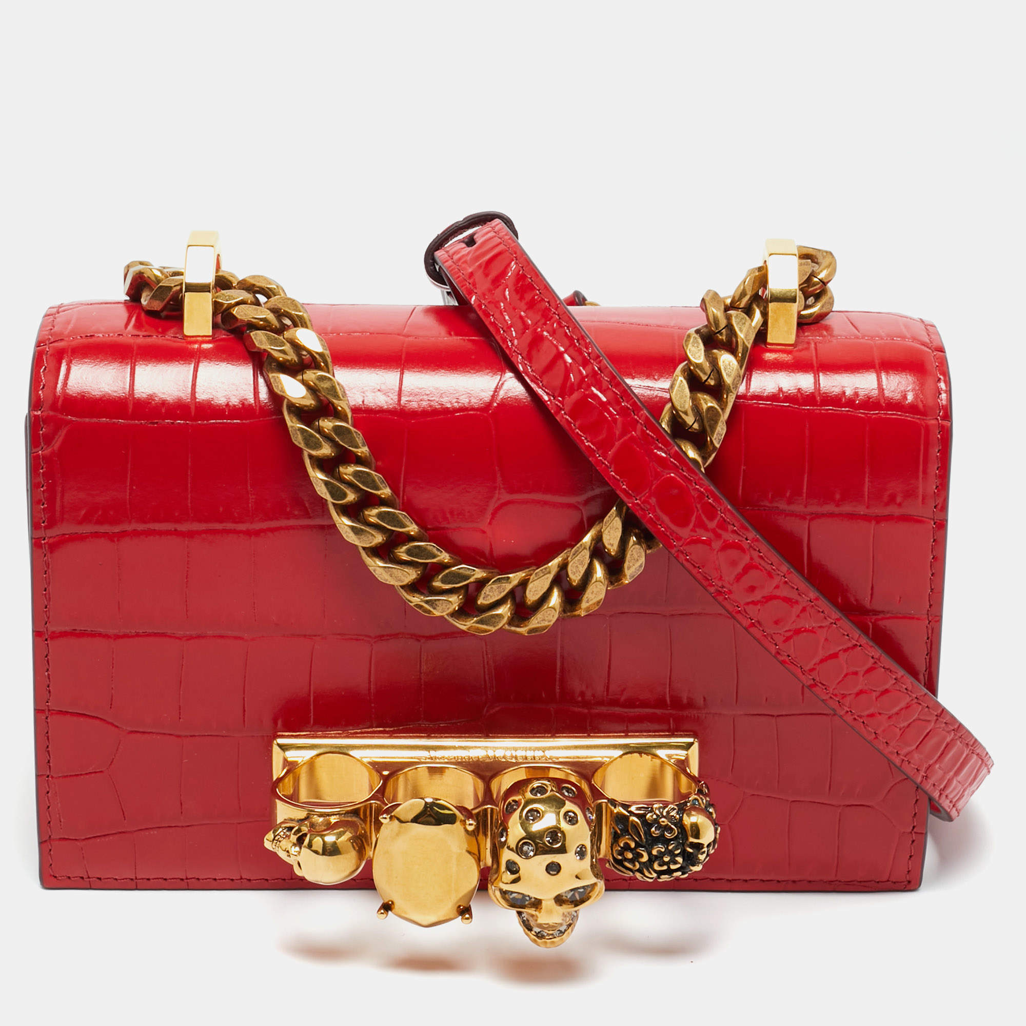 Pre Owned Alexander McQueen Red Croc Embossed Leather Jewelled Shoulder Bag