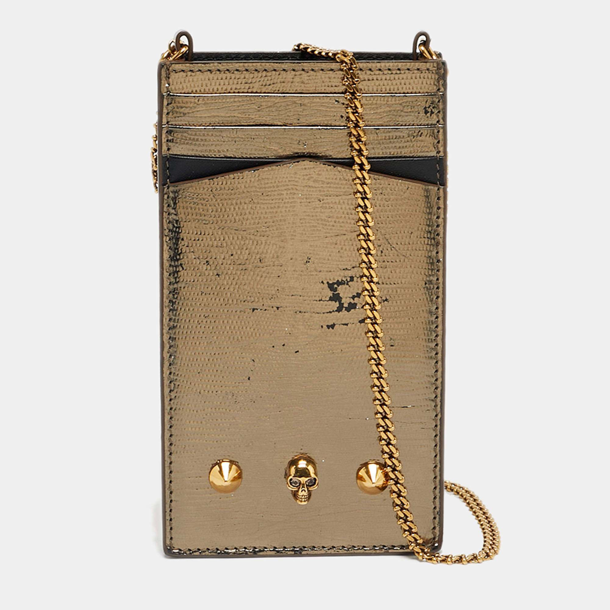 Pre Owned Alexander McQueen Metallic Leather Skull Phone Crossbody Bag