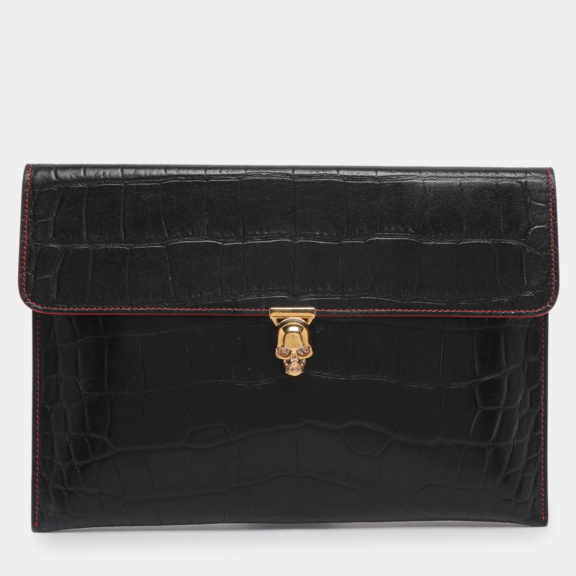 Pre Owned Alexander McQueen Black Croc Embossed Leather Skull Envelope Clutch