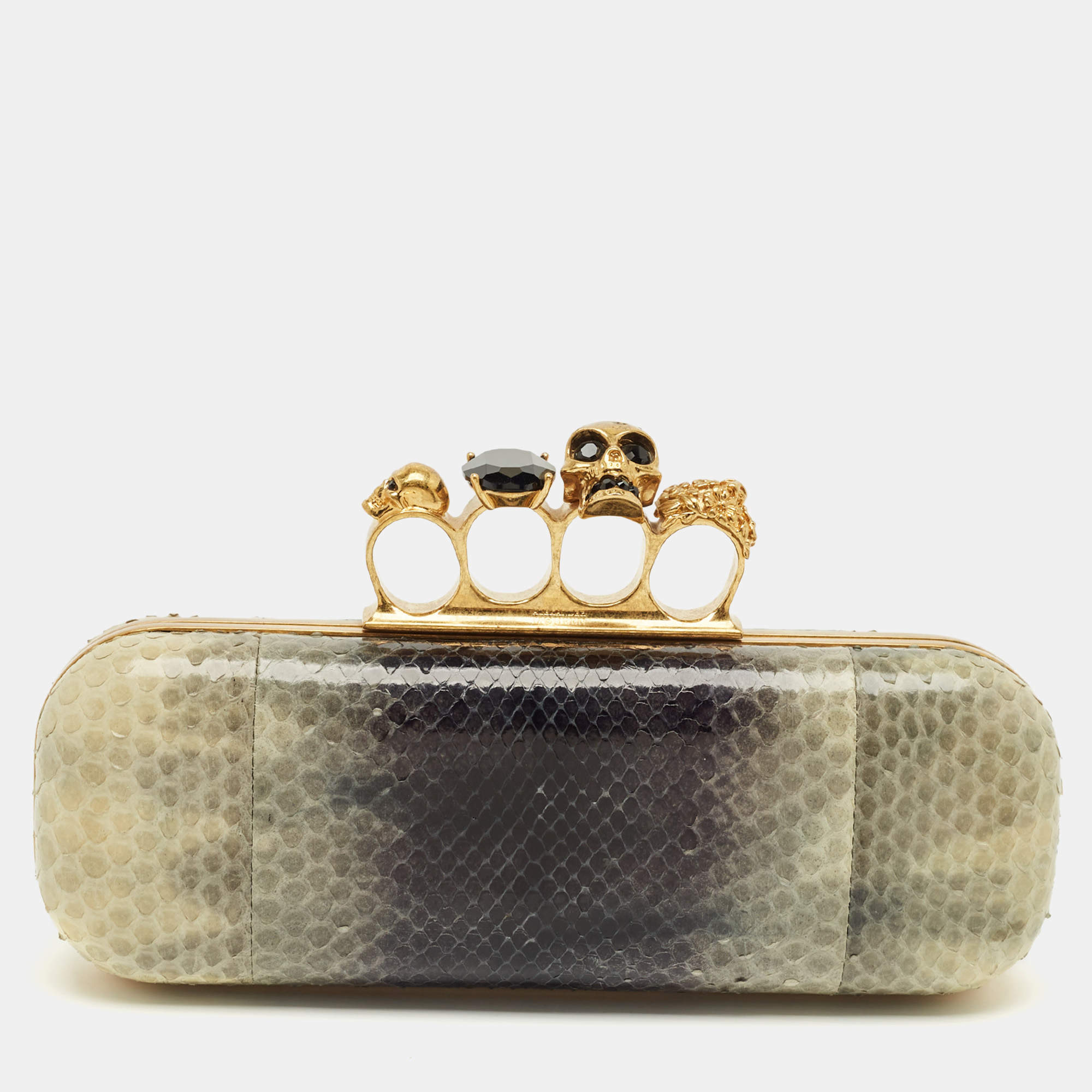 Pre Owned Alexander McQueen Beige/Navy Blue Python Skull Knuckle Duster Clutch