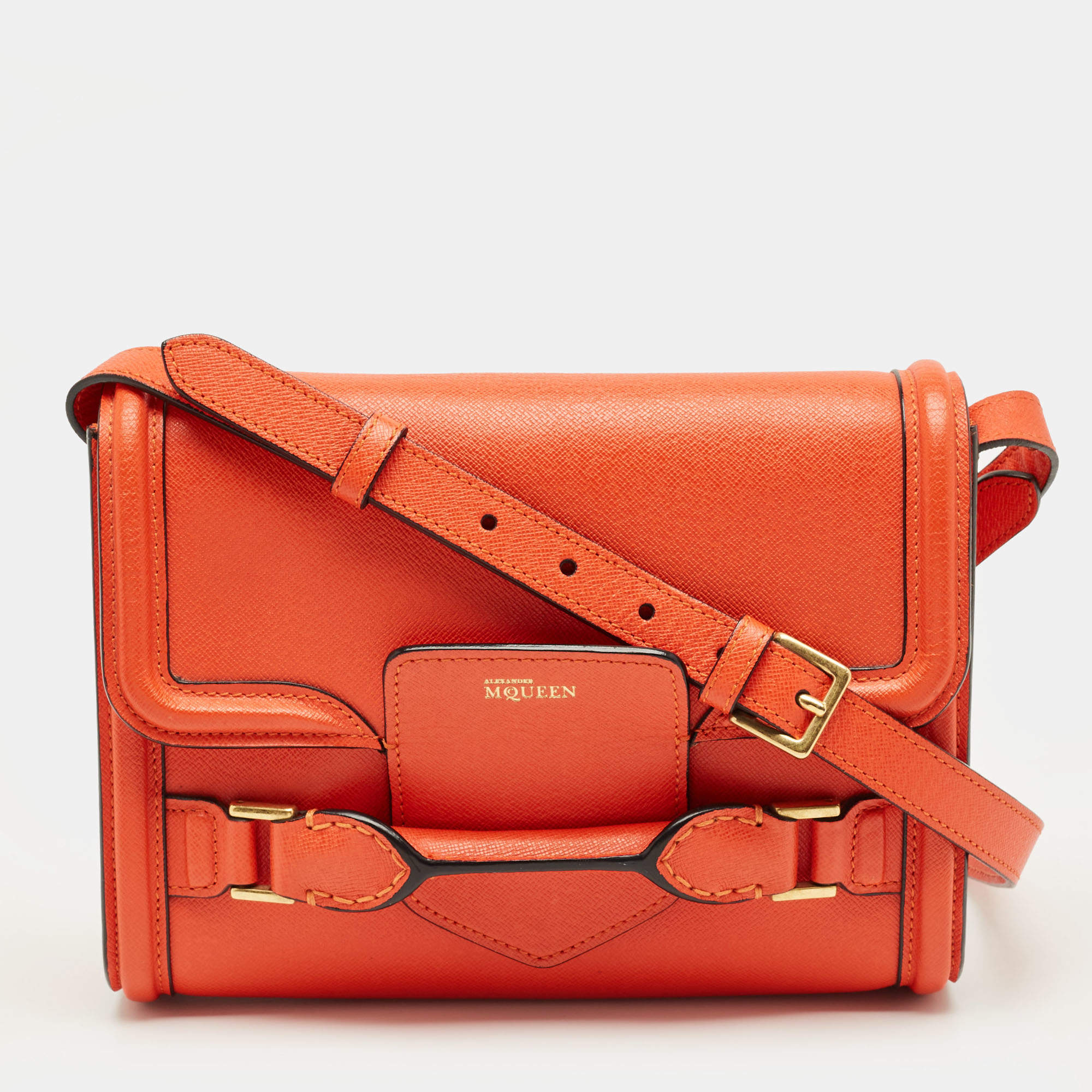 Pre Owned Alexander McQueen Orange Leather Heroine Flap Shoulder Bag