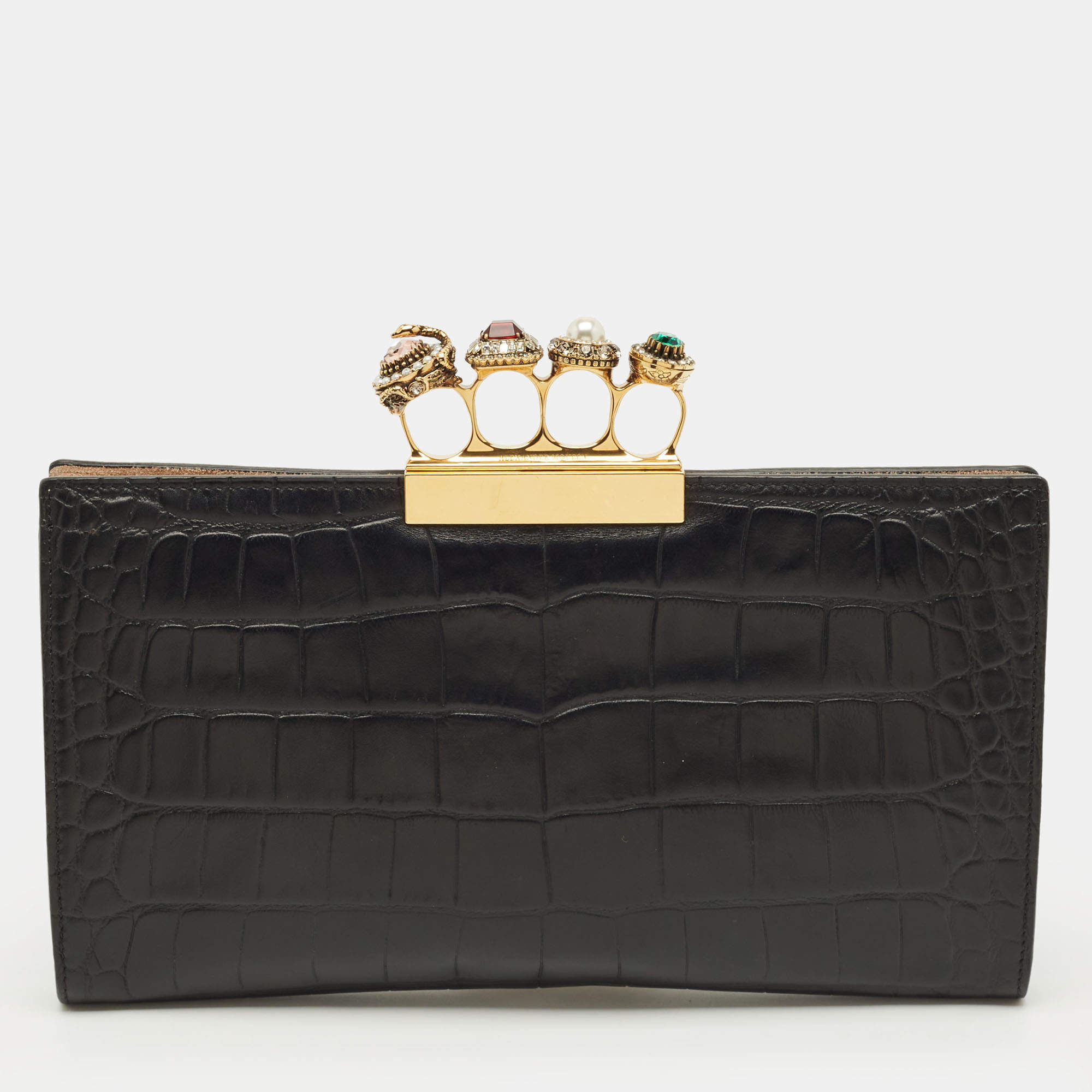 Pre Owned حقيبة بوش ألكسندر ماكوين بلون أسود بنقش تمساح بجلد مع خواتم كريستال رباعية