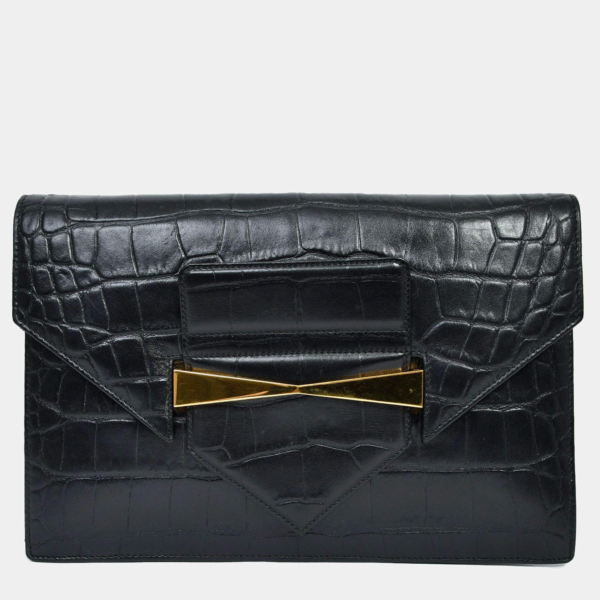 Pre Owned Alexander McQueen Black Croc Effect Leather Envelope Clutch