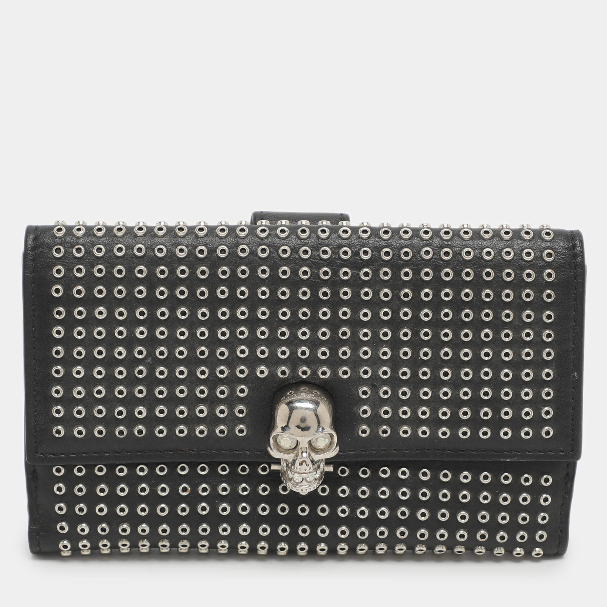 Pre Owned Alexander McQueen Skull Embellished Black Leather French Wallet