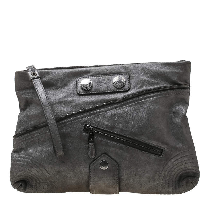 Pre Owned Alexander McQueen Metallic Grey Textured Leather Wristlet Clutch