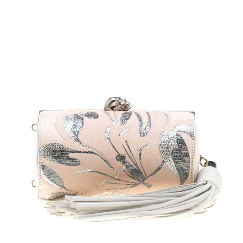 Alexander McQueen Cream Floral Satin North South Chain Clutch