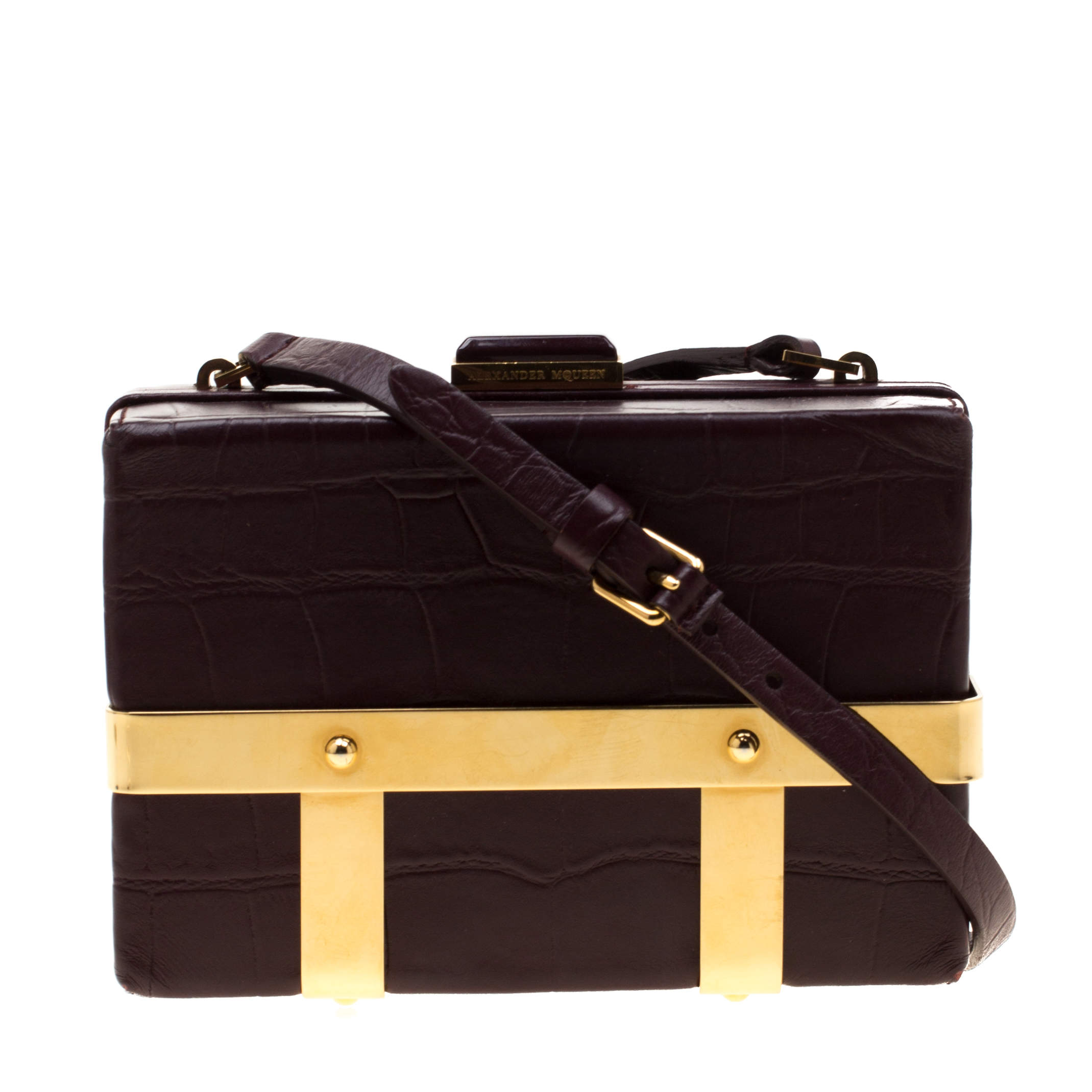 Pre Owned Alexander McQueen Burgundy Croc Embossed Leather Cage Box Bag