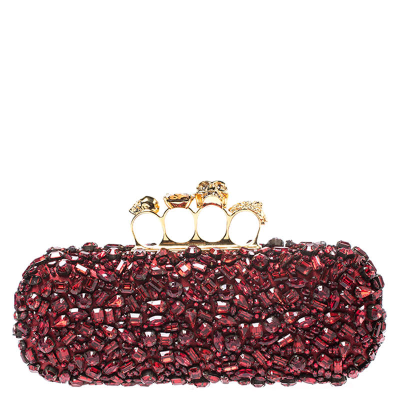 مملوكة مسبقًا Alexander McQueen Red Crystal Embellished Leather Skull Knuckle Box Clutch