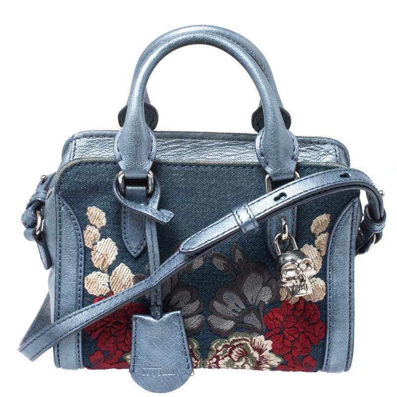 Pre Owned Alexander McQueen Blue Embroidered Denim Padlock Satchel