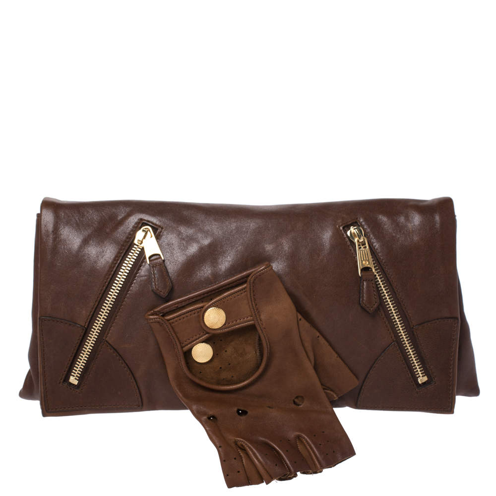 Pre Owned Alexander McQueen Brown Leather Faithful Glove Clutch