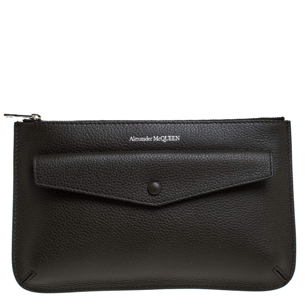 Pre Owned Alexander McQueen Dark Grey Leather Zip Pouch