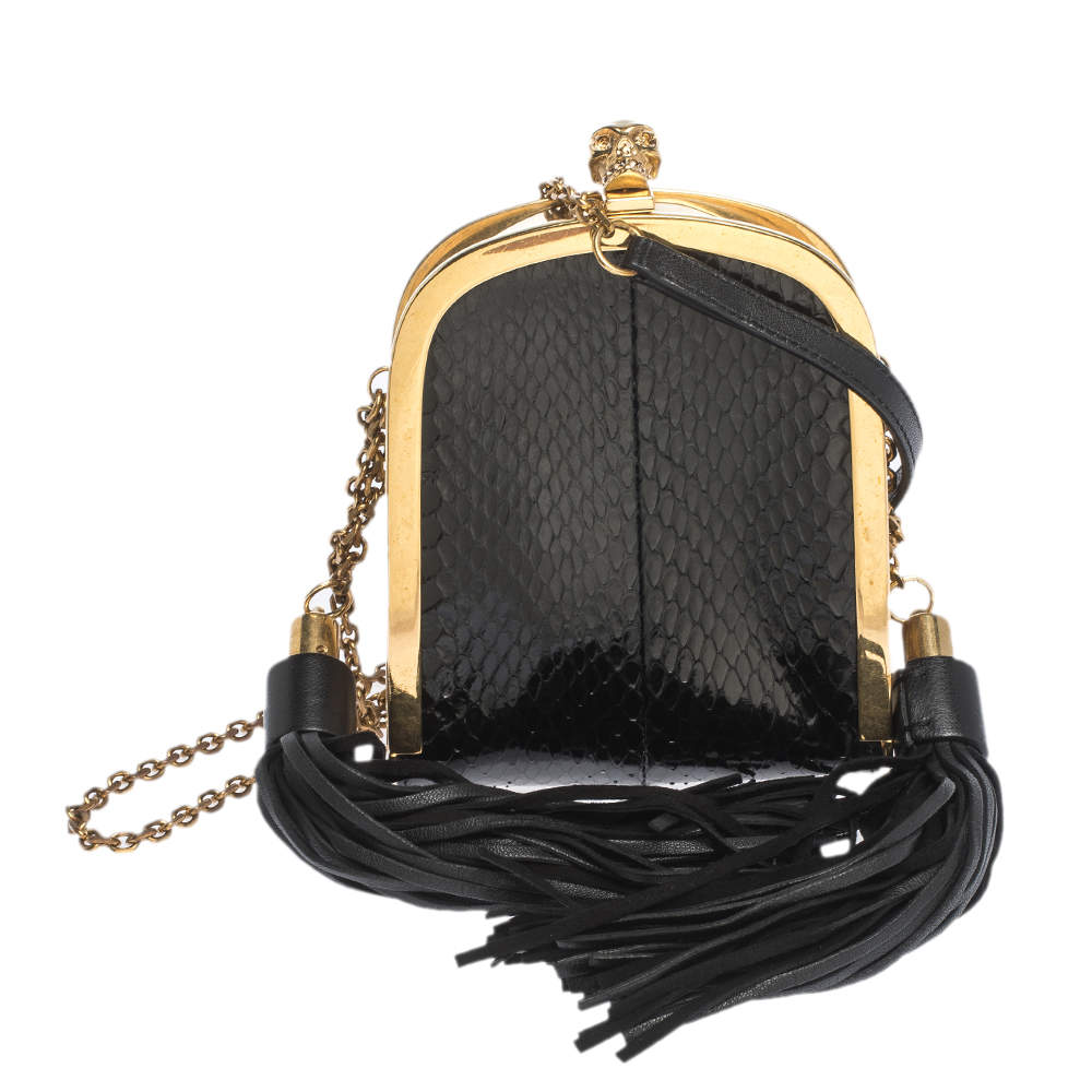 Pre Owned Alexander McQueen Black Snakeskin Skull Tassel Chain Clutch