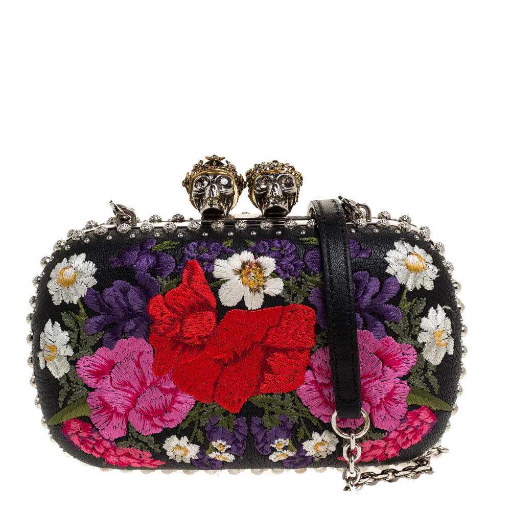 Pre Owned Alexander McQueen Multicolor Floral Embroidered Leather King and Queen Skull Chain Clutch