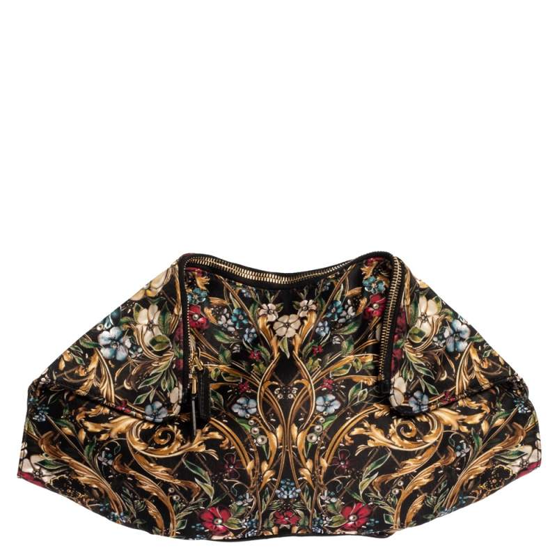 Pre Owned Alexander McQueen Multicolor Floral Print Satin and Leather Medium De Manta Clutch