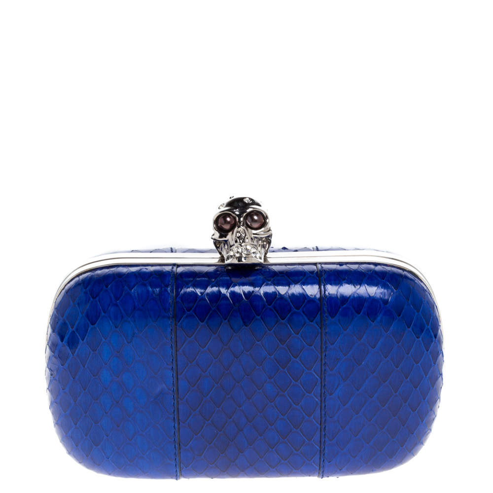 Pre Owned Alexander McQueen Royal Blue Python Skull Clutch