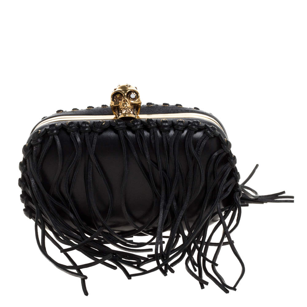Pre Owned Alexander McQueen Black Leather Fringe Skull Box Clutch