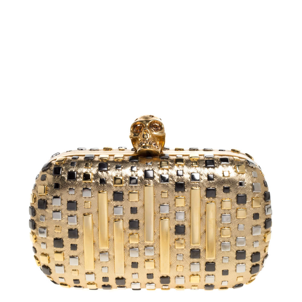 Pre Owned Alexander McQueen Metallic Gold Leather Studded Skull Box Clutch