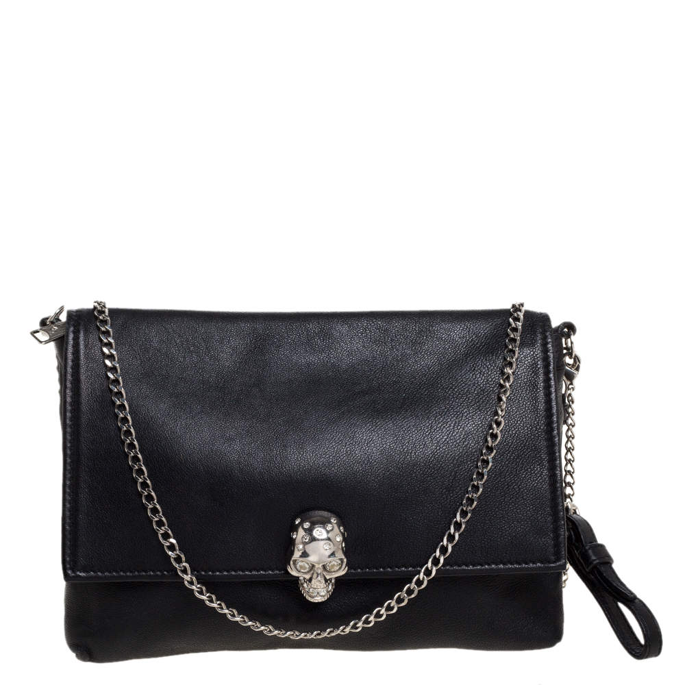 Pre Owned Alexander McQueen Black Leather Skull  Flap Chain Clutch