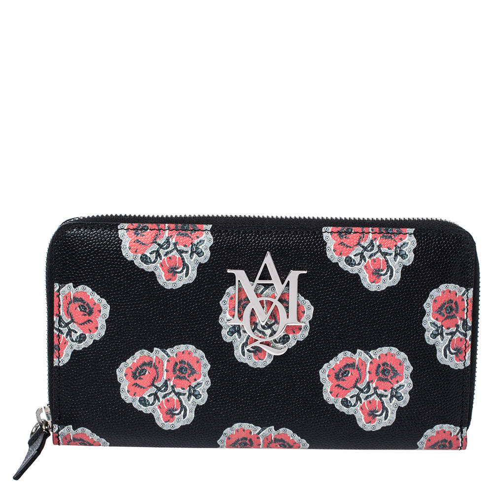 مملوكة مسبقًا Alexander McQueen Black/Red Floral Print Leather Zip Around Continental Wallet