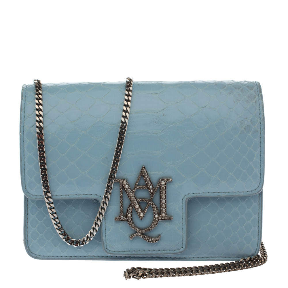 Pre Owned Alexander McQueen Powder Blue Python Mini Insignia Chain Bag